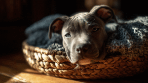 štene pitbulla u korpi